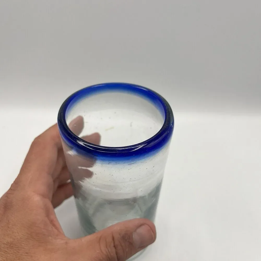 Hand Blown Cobalt Blue Rim Mexican Bubble Glass